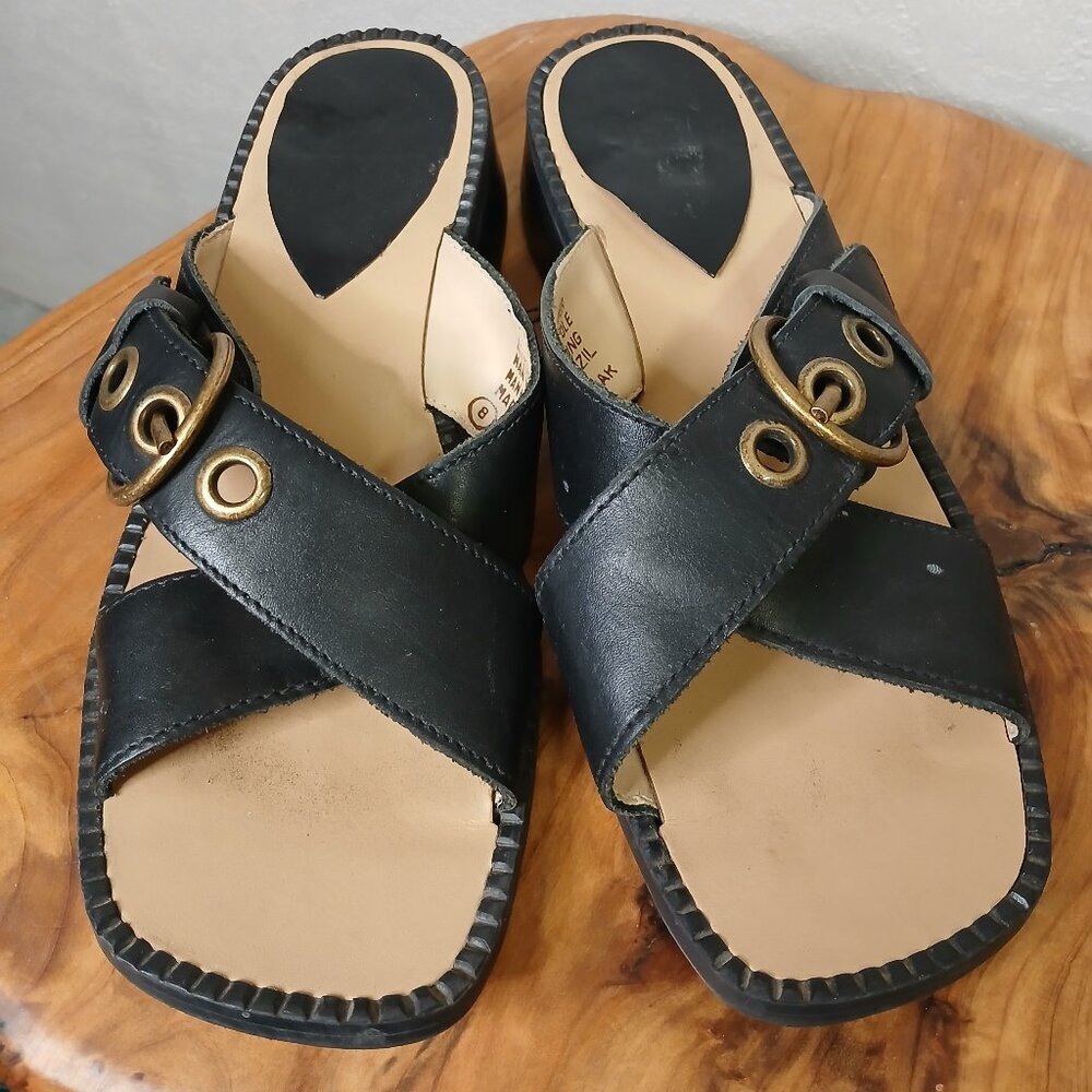 UEC G&Co. Open toe Black Leather Mules with brass buckle size 7m